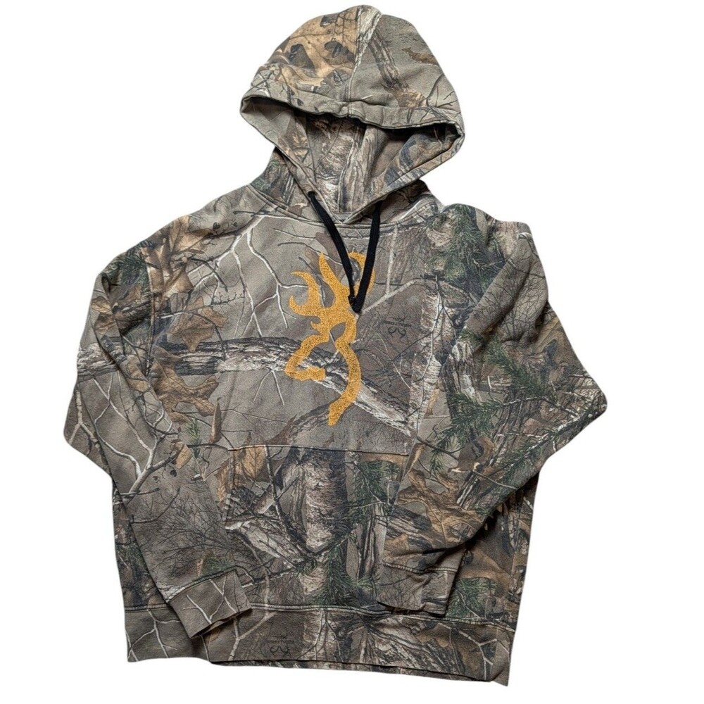 Vintage Y2K Camo Browning x Realtree Yellow Buckmark Hoodie Men's LG